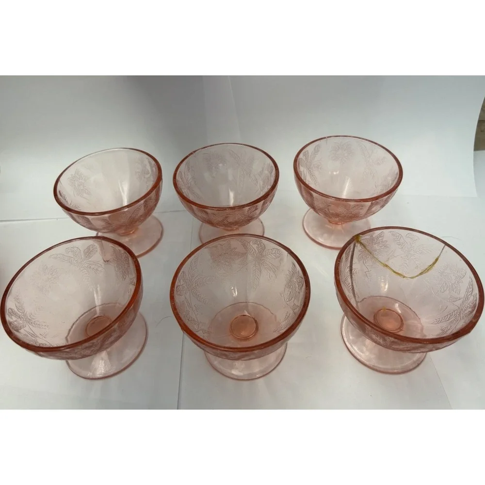 Jeannette Floral Poinsettia Pink Depression Glass Sherbet Cups Plates Set 12pc
